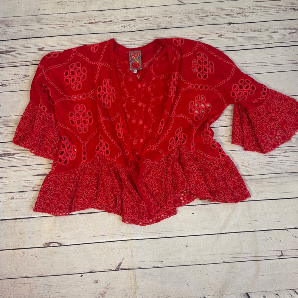 JOHNNY WAS XANTHOS RAE BLOUSE Embroidered Frilly Eyelet Red Sz Medium - Picture 9 of 13